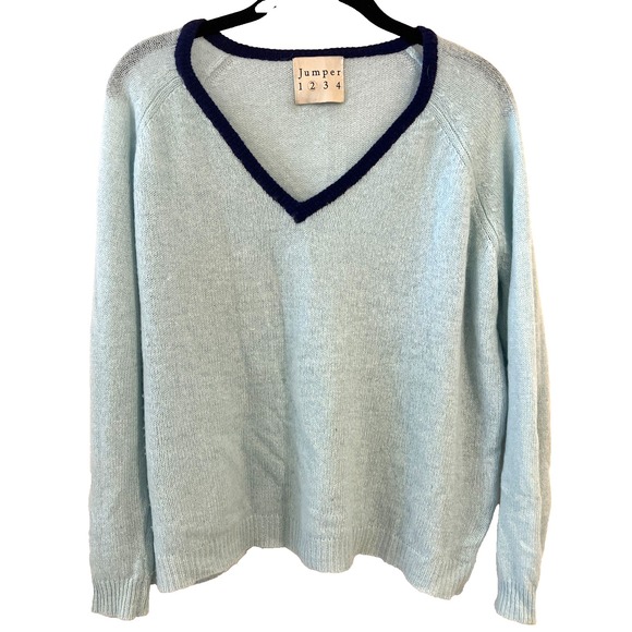 Jumper 1234 Sweaters - Jumper 1234 V-Neck 100% Cashmere Sweater Size Small Pale Blue | Navy Trim READ